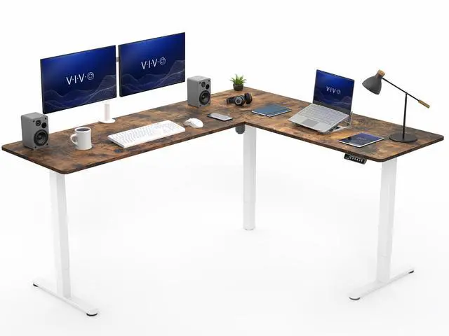 Main image of VIVO Vintage Brown / White Electric 75" x 63" Corner Standing Desk, L-Shaped