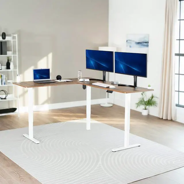 Alt view image 2 of 7 - VIVO Vintage Brown / White Electric 75" x 63" Corner Standing Desk, L-Shaped