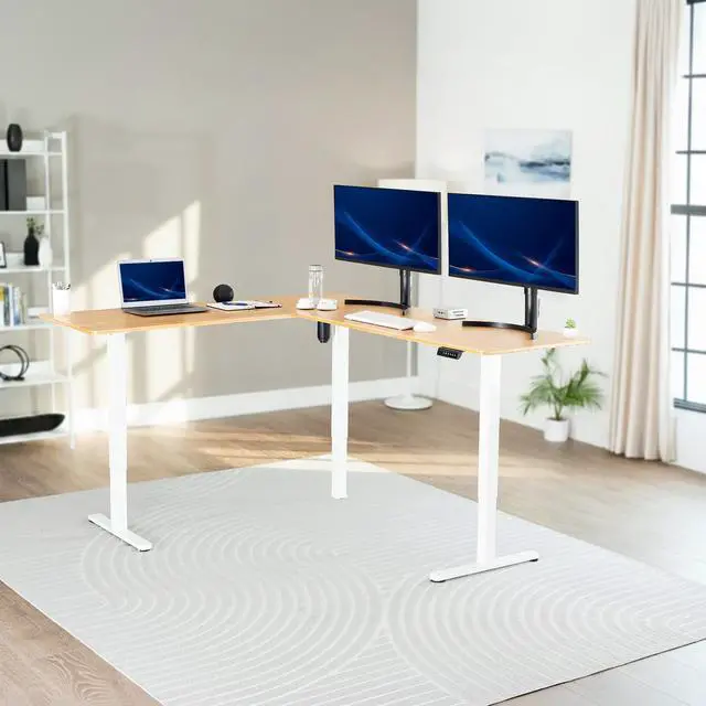 Alt view image 2 of 7 - VIVO Bamboo / White Electric 75" x 63" Corner Desk Workstation