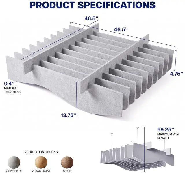 Alt view image 3 of 7 - VIVO Light Gray 47 x 14 Sound Absorber Panel, Acoustic Ceiling Waffle Wave