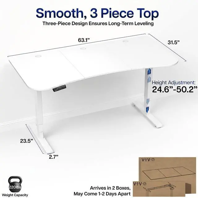 Alt view image 3 of 7 - VIVO White 63 x 32 Electric Height Adjustable Stand Up Desk