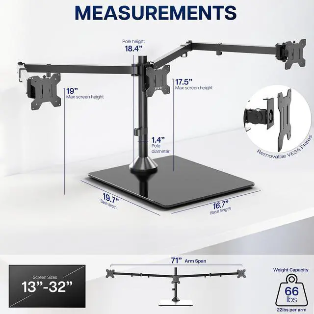 Alt view image 4 of 7 - VIVO Triple Monitor Stand for Desk with Glass Base, Holds 3 Screens up to 32"