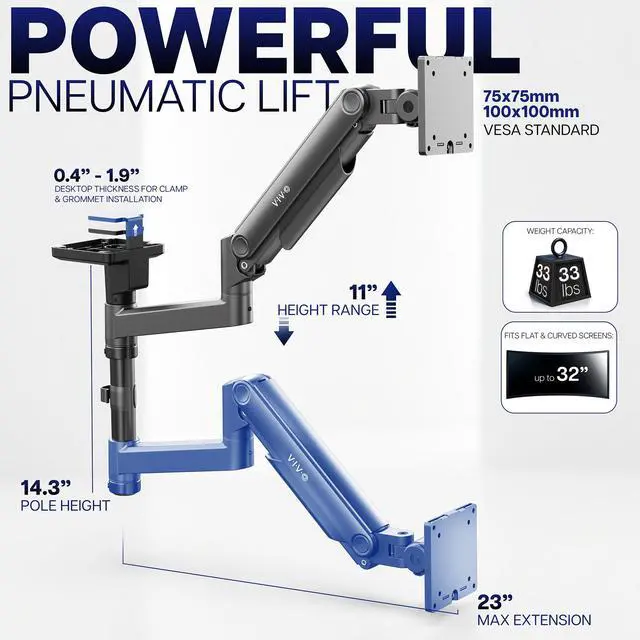 Alt view image 3 of 7 - VIVO Under-Surface Clamp Monitor Arm Mount, Fits Screens 17"-32, 33lbs Capacity