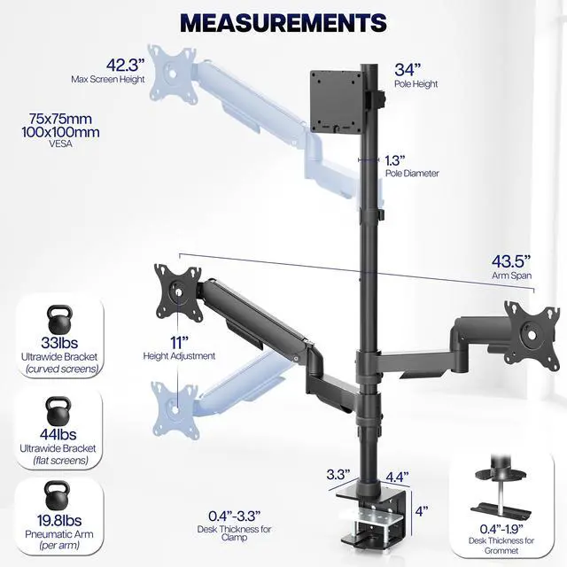 Alt view image 3 of 7 - VIVO Triple Monitor Desk Mount, 2 Mechanical Arms + 1 Fixed Arm, Screens 32"-49