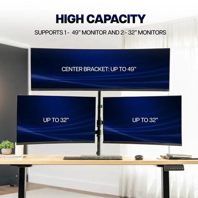 Alt view image 4 of 7 - VIVO Triple Monitor Desk Mount, 2 Mechanical Arms + 1 Fixed Arm, Screens 32"-49