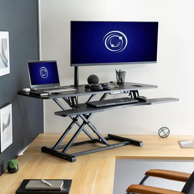 Alt view image 2 of 7 - VIVO Height Adjustable Corner Desk Riser, 48" Sit-Stand Desk Converter