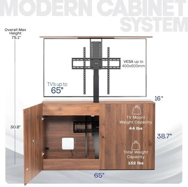 Alt view image 3 of 7 - VIVO Walnut Motorized Vertical Lift Concealed TV Cabinet Kit, Holds 32-65 TVs
