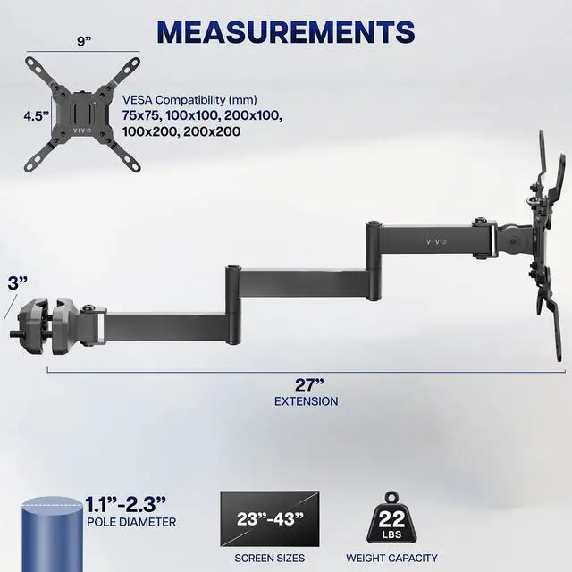 Alt view image 4 of 7 - VIVO Long Arm Monitor Pole Mount Monitor Arm VESA Plate, Fits 23"-43" Screens