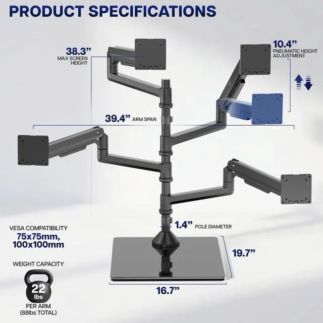 Alt view image 3 of 7 - VIVO Quad Ultrawide Freestanding Monitor Stand for up to Four 38" Screens