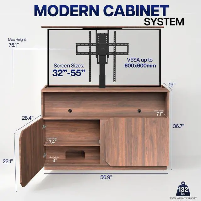 Alt view image 3 of 7 - VIVO Walnut Motorized Lift Concealed TV Cabinet with Storage, Holds 32-55 TVs