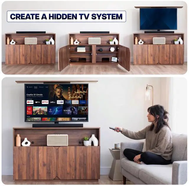 Alt view image 6 of 7 - VIVO Walnut Motorized Lift Concealed TV Cabinet with Storage, Holds 32-55 TVs