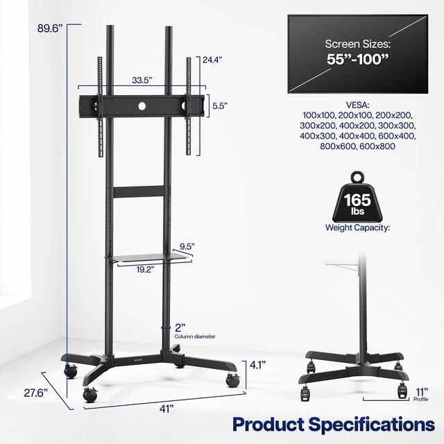 Alt view image 4 of 7 - VIVO Mobile TV Cart for 55"-100" LCD LED Plasma Flat Panel, Max VESA 600x800mm