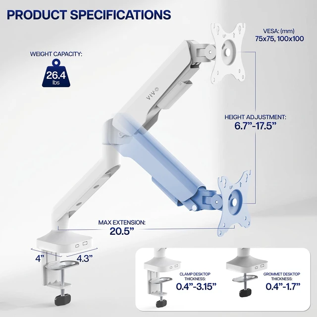 Alt view image 5 of 7 - VIVO Pneumatic Arm White Single Ultrawide Monitor Desk Mount, Up to 40" Screens