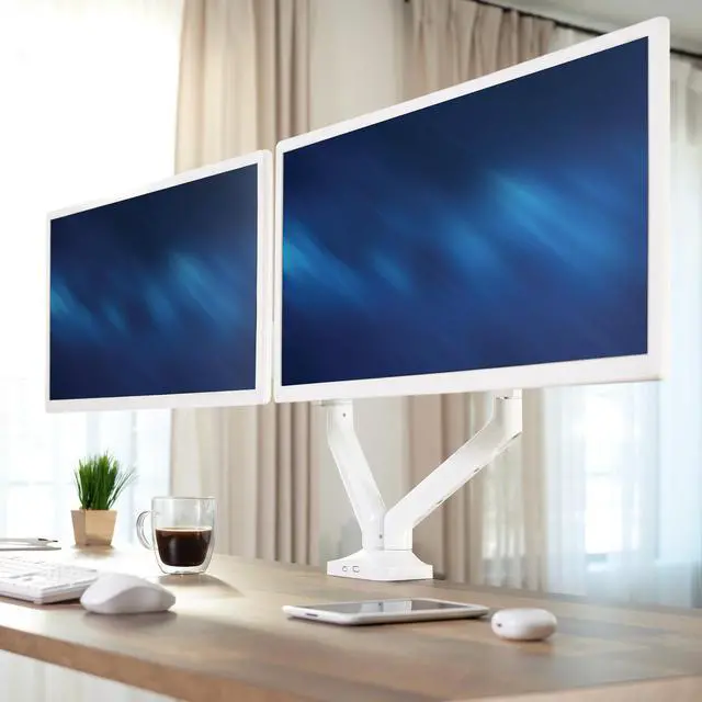 Alt view image 2 of 7 - VIVO Pneumatic Arm White Dual Ultrawide Monitor Desk Mount, Up to 35" Screens