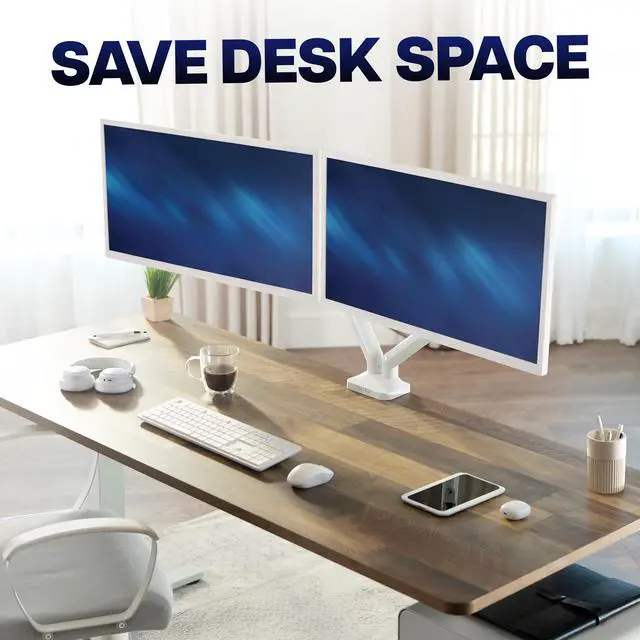 Alt view image 4 of 7 - VIVO Pneumatic Arm White Dual Ultrawide Monitor Desk Mount, Up to 35" Screens