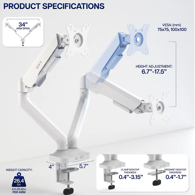 Alt view image 5 of 7 - VIVO Pneumatic Arm White Dual Ultrawide Monitor Desk Mount, Up to 35" Screens