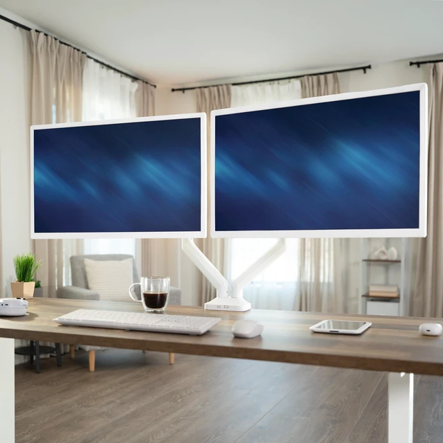 Alt view image 7 of 7 - VIVO Pneumatic Arm White Dual Ultrawide Monitor Desk Mount, Up to 35" Screens