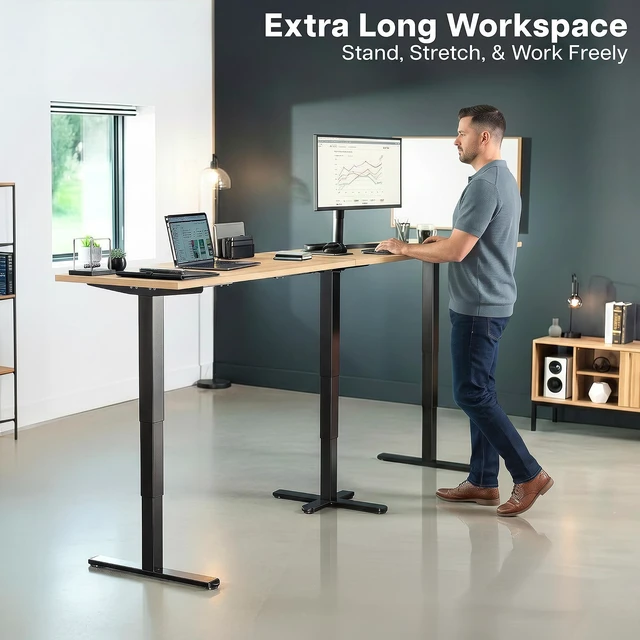 Alt view image 2 of 7 - VIVO Electric 109" x 24" Extra Long Standing Desk, Light Wood Tops, Black Frame