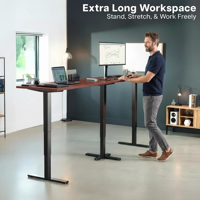 Alt view image 2 of 7 - VIVO Electric 109" x 24" Extra Long Standing Desk, Dark Walnut Tops, Black Frame