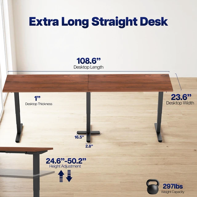 Alt view image 6 of 7 - VIVO Electric 109" x 24" Extra Long Standing Desk, Dark Walnut Tops, Black Frame