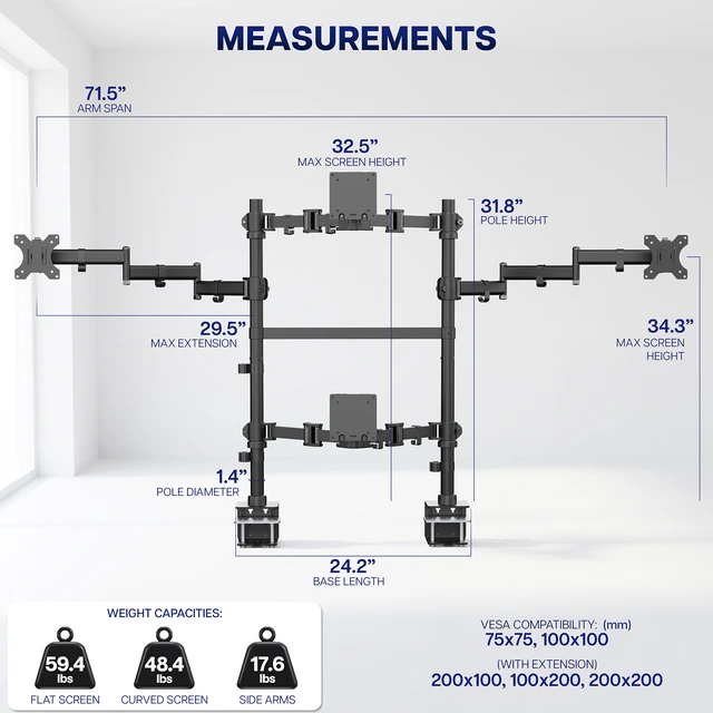 Alt view image 4 of 7 - VIVO Dual Pole Quad Monitor Desk Mount, Screens Up to 49 (x2) and 38 (x2)