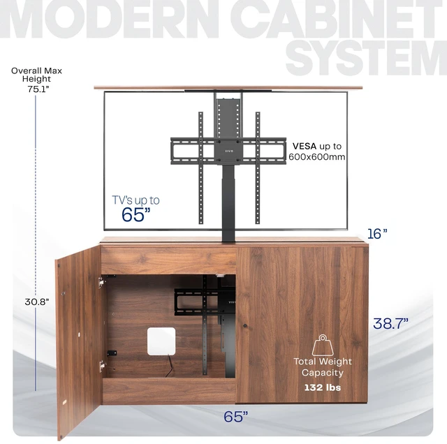 Alt view image 3 of 7 - VIVO Walnut Motorized Vertical Lift Concealed TV Cabinet Kit, Holds 32-65 TVs