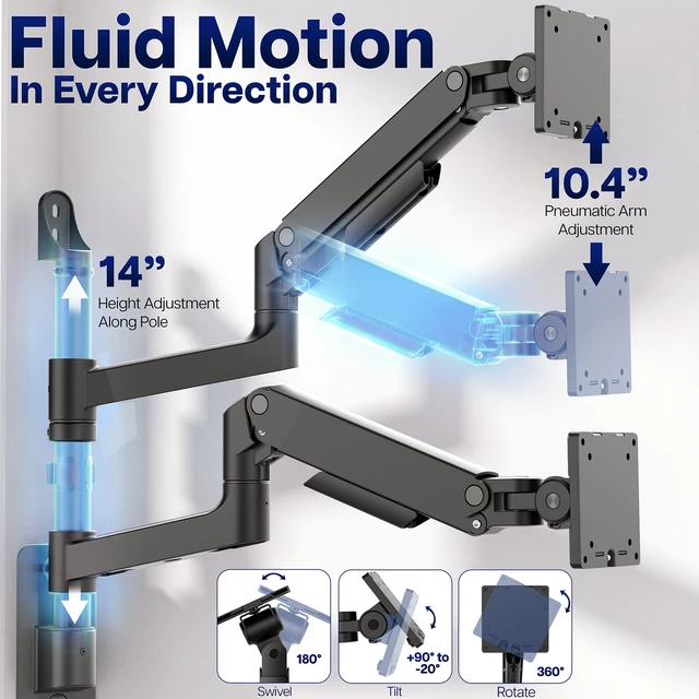 Alt view image 3 of 7 - VIVO Dual Pneumatic Arm Monitor Wall Mount, Fits Ultrawide Screens up to 49"