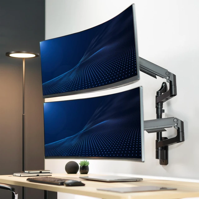 Alt view image 2 of 7 - VIVO Dual Pneumatic Arm Monitor Wall Mount, Fits Ultrawide Screens up to 49"
