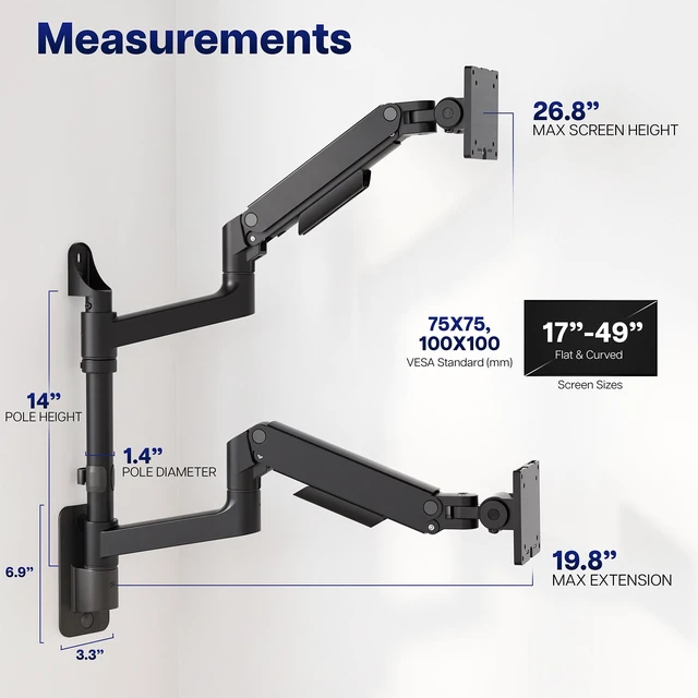 Alt view image 5 of 7 - VIVO Dual Pneumatic Arm Monitor Wall Mount, Fits Ultrawide Screens up to 49"