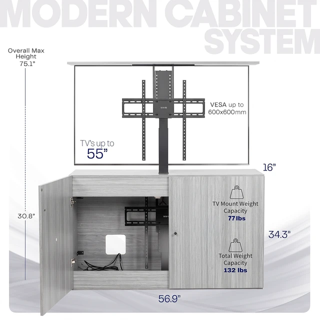 Alt view image 3 of 7 - VIVO Gray Motorized Vertical Lift Concealed TV Cabinet Kit, Holds 32-55 TVs