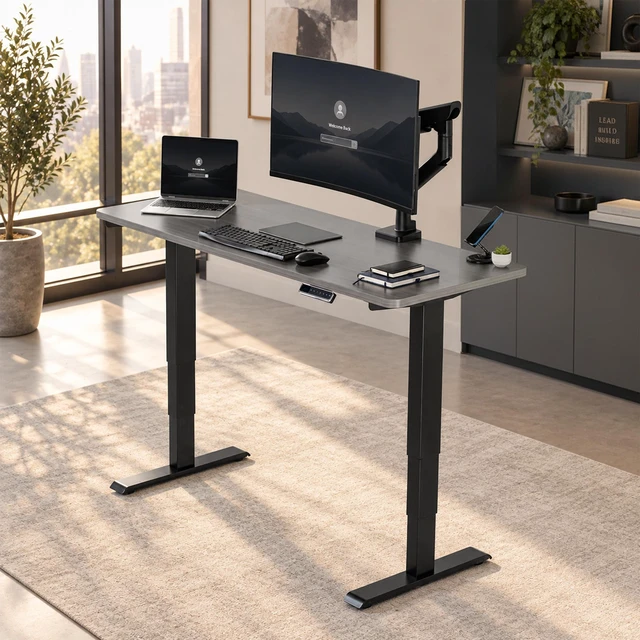 Alt view image 2 of 7 - VIVO PRO 2-Motor 60 x 24 Standing Desk, 1-Piece Dark Gray Top, Black Frame