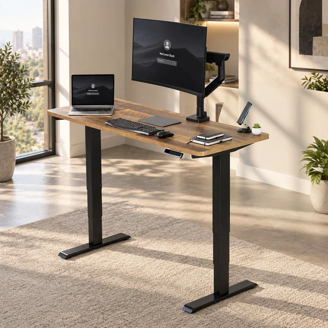 Alt view image 2 of 7 - VIVO PRO 2-Motor 60x24 Standing Desk, 1-Piece Reclaimed Wood Top, Black Frame