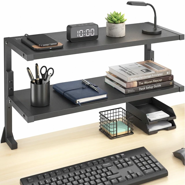 Main image of VIVO Black Clamp-on 24" Above or Below Desk 2-Tier Shelving Unit, Desk Organizer