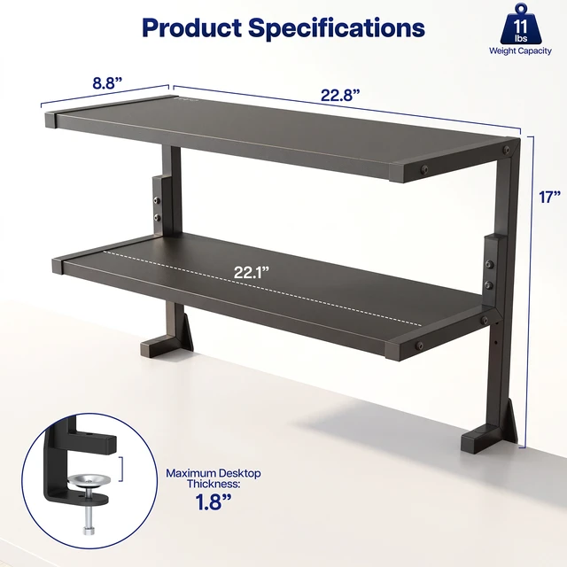 Alt view image 3 of 7 - VIVO Black Clamp-on 24" Above or Below Desk 2-Tier Shelving Unit, Desk Organizer