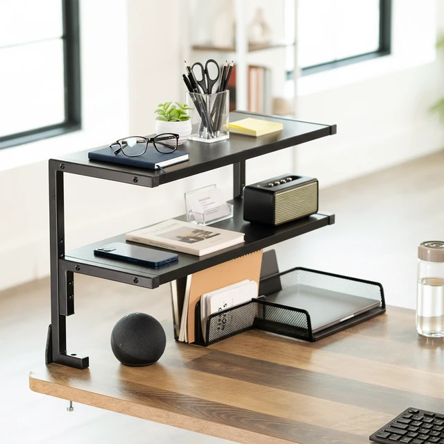 Alt view image 2 of 7 - VIVO Black Clamp-on 24" Above or Below Desk 2-Tier Shelving Unit, Desk Organizer