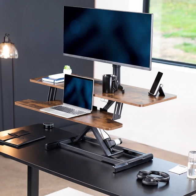 Alt view image 2 of 7 - VIVO Vintage Brown Electric 42" Standing Desk Monitor Riser, Sit Stand Tabletop