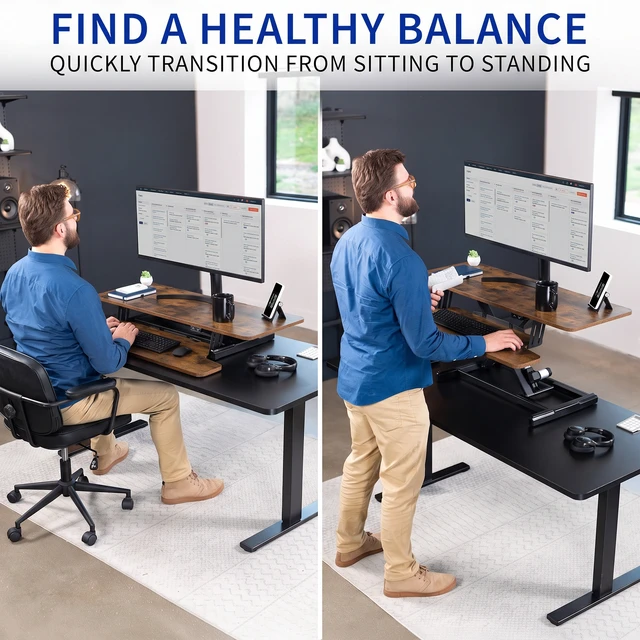 Alt view image 4 of 7 - VIVO Vintage Brown Electric 42" Standing Desk Monitor Riser, Sit Stand Tabletop