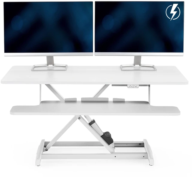 Main image of VIVO White Electric 42" Standing Desk Monitor Riser, Dual Arm Sit Stand Tabletop