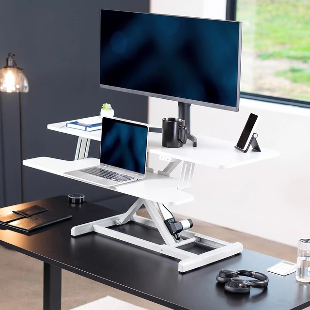 Alt view image 2 of 7 - VIVO White Electric 42" Standing Desk Monitor Riser, Dual Arm Sit Stand Tabletop