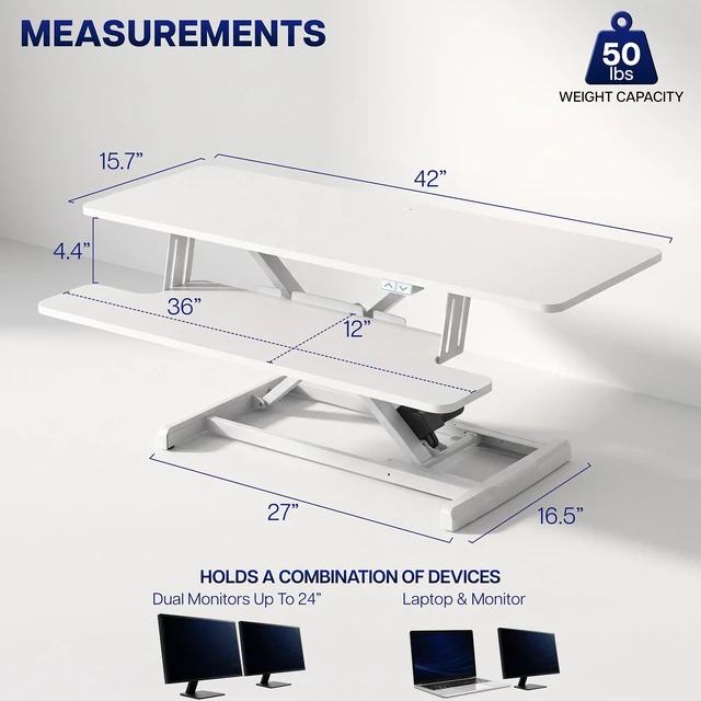 Alt view image 3 of 7 - VIVO White Electric 42" Standing Desk Monitor Riser, Dual Arm Sit Stand Tabletop