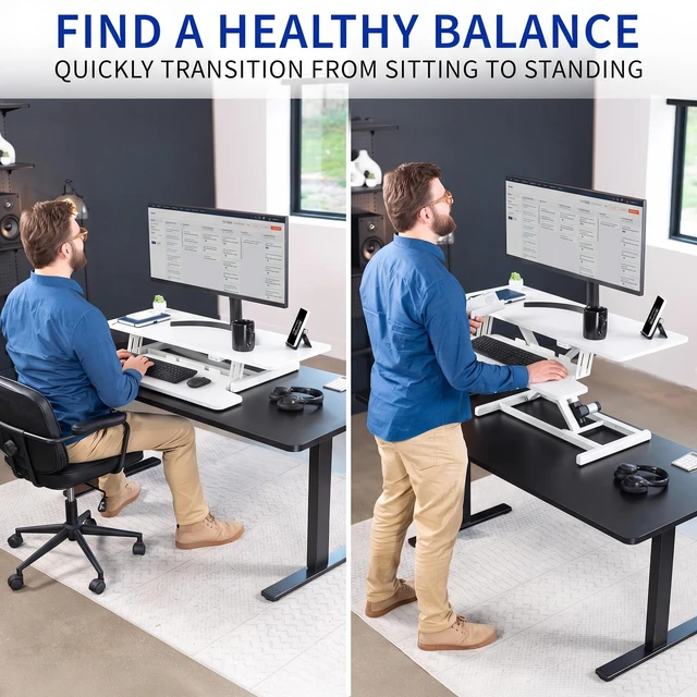 Alt view image 4 of 7 - VIVO White Electric 42" Standing Desk Monitor Riser, Dual Arm Sit Stand Tabletop
