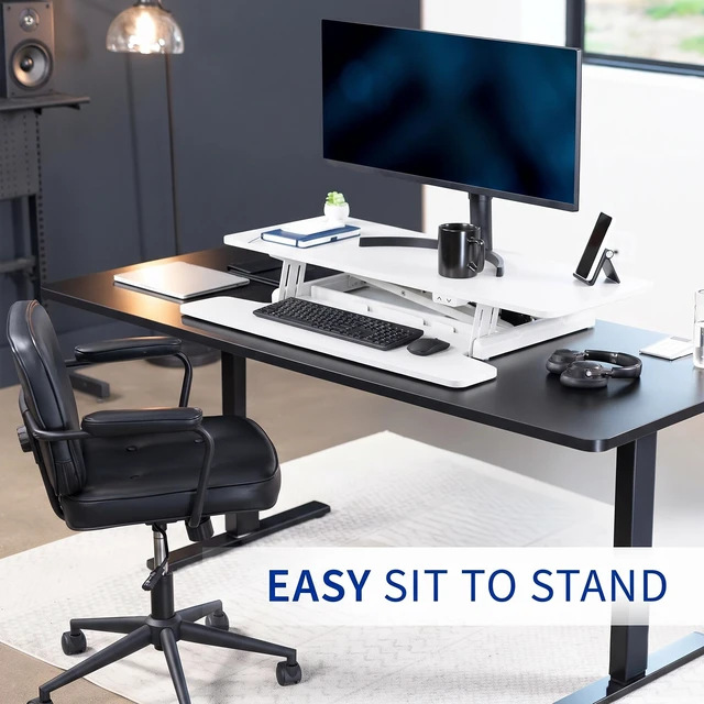 Alt view image 6 of 7 - VIVO White Electric 42" Standing Desk Monitor Riser, Dual Arm Sit Stand Tabletop
