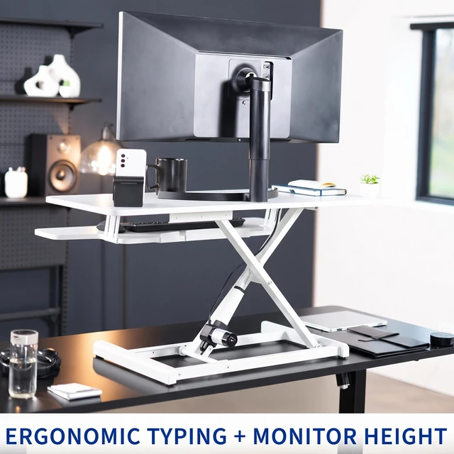 Alt view image 7 of 7 - VIVO White Electric 42" Standing Desk Monitor Riser, Dual Arm Sit Stand Tabletop