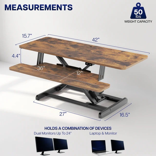 Alt view image 3 of 7 - VIVO Vintage Brown Electric 42" Standing Desk Monitor Riser, Sit Stand Tabletop