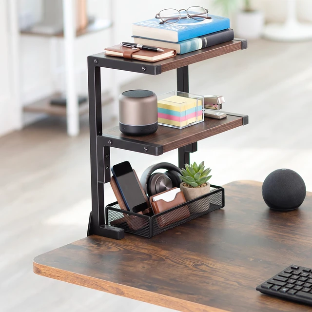 Alt view image 2 of 7 - VIVO Vintage Brown Clamp-on 13" Above or Below Desk 2-Tier Shelving Unit