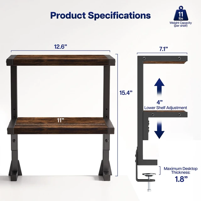 Alt view image 3 of 7 - VIVO Vintage Brown Clamp-on 13" Above or Below Desk 2-Tier Shelving Unit