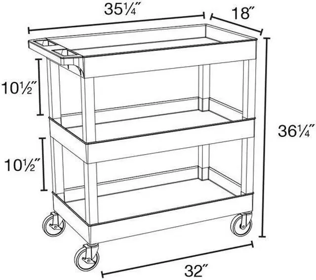 Alt view image 7 of 20 - Luxor Mobile Home Office Kitchen Service Push Handle High Capacity 18"D x 32"W Tub Utility Storage Cart 3 Shelves Black