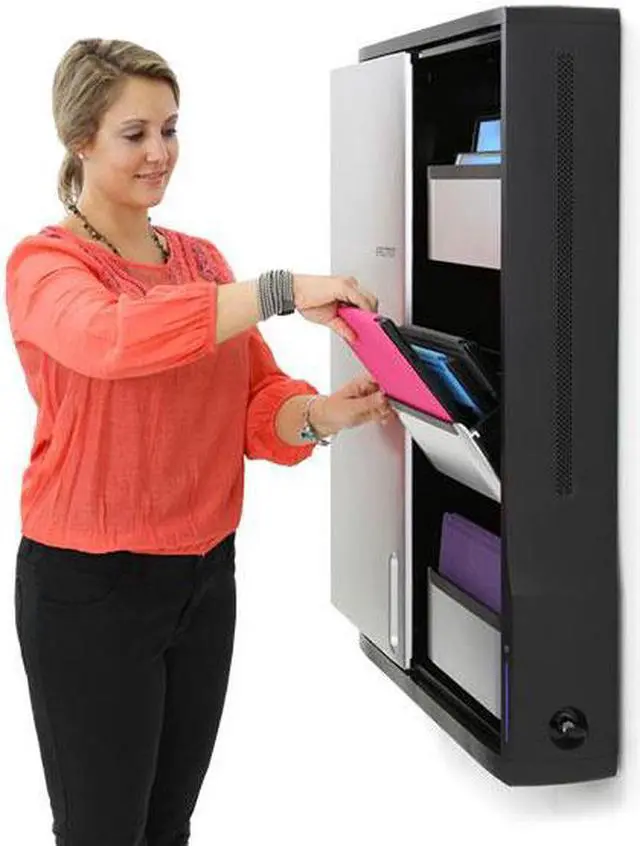 Alt view image 6 of 11 - Ergotron Zip12 Charging Wall Cabinet - Up to 12" Screen Support - 44.40 lb Load Capacity - 35.6" Height x 26.4" Width x 5.9" Depth - Wall Mountable - Steel - Black, Silver