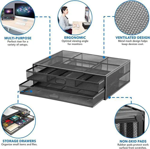 Alt view image 5 of 7 - MOUNT-IT! Computer Monitor Stand With Drawers, Metal Mesh Riser and Organizer for Laptops and Computer Screens, Laptop, and Printer Accessories and Office Supplies (Black)
