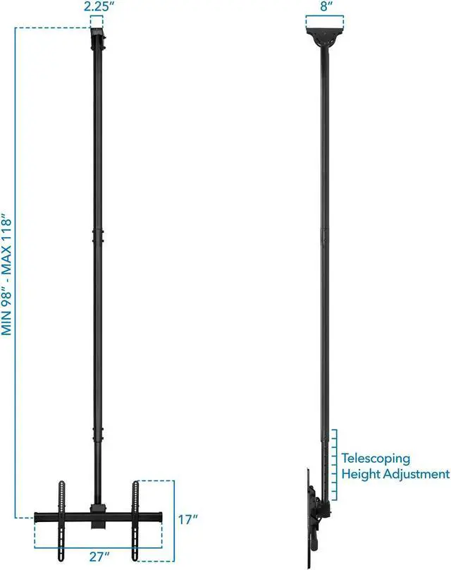 Alt view image 10 of 11 - Mount-It! Ceiling TV Mount | Fits 40"-70" TVs | Adjustable Extra Long 10 Feet Long